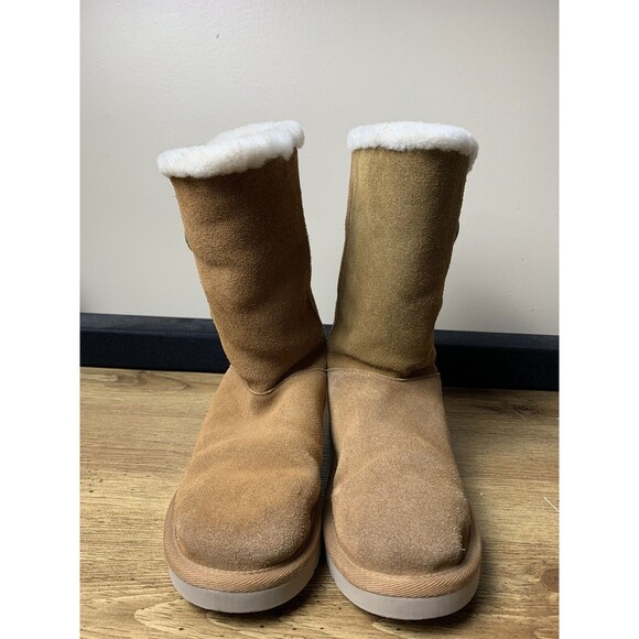 KOOLABURRA By UGG Boots Size 7 Kinslei Tall Chestnut Suede Sheepskin Buttons - Picture 1 of 10